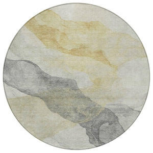 HomeRoots 5' Beige and Gold Abstract Area Rug – Stylish, Washable, Indoor-Outdoor, Durable Design for Any Space 8' Round 631823
