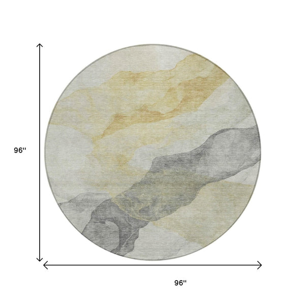 HomeRoots 5' Beige and Gold Abstract Area Rug – Stylish, Washable, Indoor-Outdoor, Durable Design for Any Space 8' Round 631823