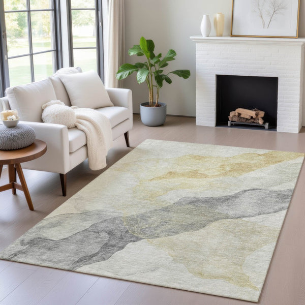 HomeRoots 5' Beige and Gold Abstract Area Rug – Stylish, Washable, Indoor-Outdoor, Durable Design for Any Space 8' X 10' 631824