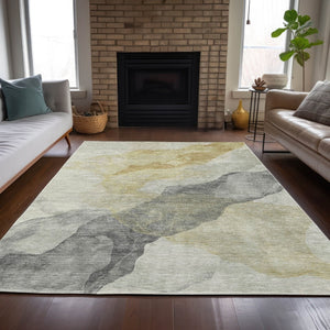 HomeRoots 5' Beige and Gold Abstract Area Rug – Stylish, Washable, Indoor-Outdoor, Durable Design for Any Space 8' X 10' 631824