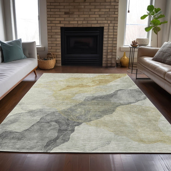 HomeRoots 5' Beige and Gold Abstract Area Rug – Stylish, Washable, Indoor-Outdoor, Durable Design for Any Space 8' X 10' 631824