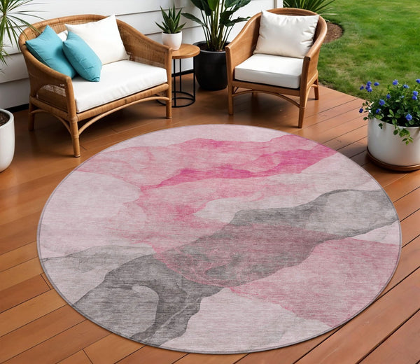 HomeRoots 5' Modern Blush and Gray Abstract Area Rug - Washable, Durable Design for Indoor and Outdoor Spaces 8' Round 631829