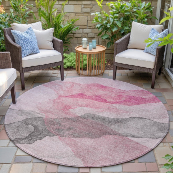 HomeRoots 5' Modern Blush and Gray Abstract Area Rug - Washable, Durable Design for Indoor and Outdoor Spaces 8' Round 631829