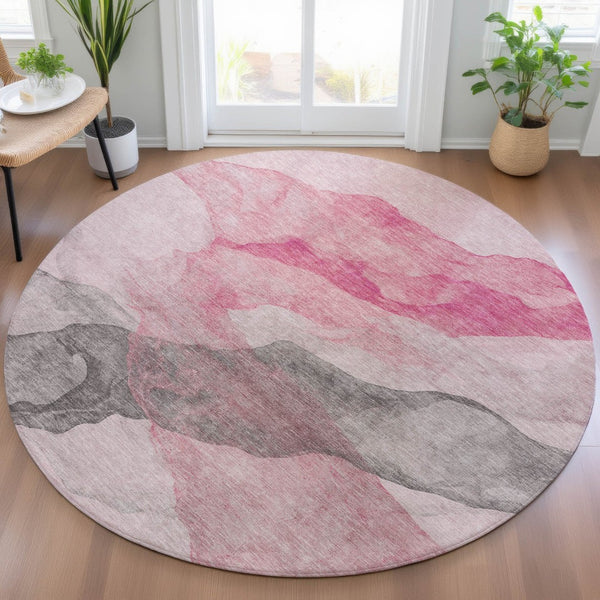HomeRoots 5' Modern Blush and Gray Abstract Area Rug - Washable, Durable Design for Indoor and Outdoor Spaces 8' Round 631829