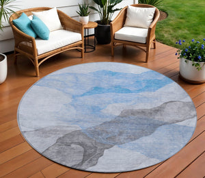 HomeRoots 5' Modern Sky Blue and Gray Abstract Area Rug – Durable, Washable Design for Indoor and Outdoor Use 8' Round 631847