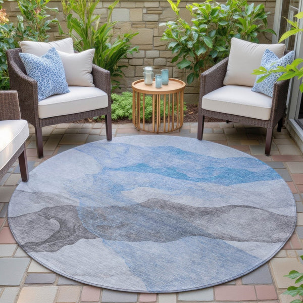 HomeRoots 5' Modern Sky Blue and Gray Abstract Area Rug – Durable, Washable Design for Indoor and Outdoor Use 8' Round 631847