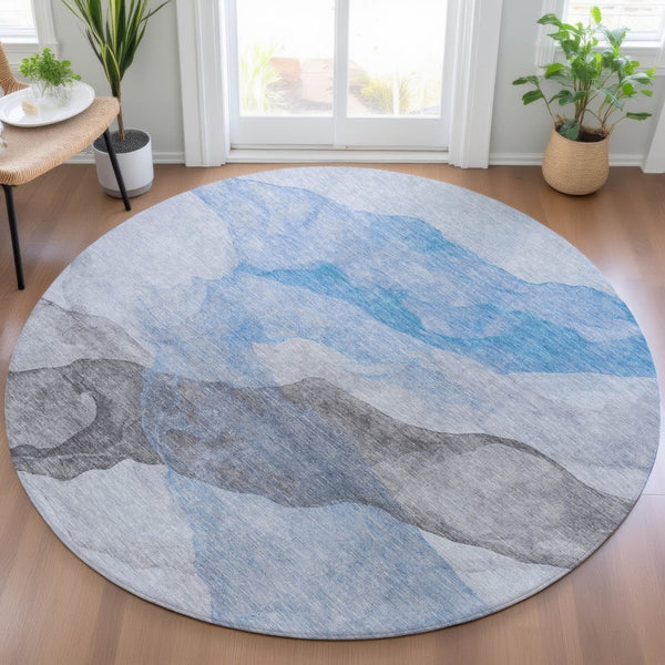 HomeRoots 5' Modern Sky Blue and Gray Abstract Area Rug – Durable, Washable Design for Indoor and Outdoor Use 8' Round 631847