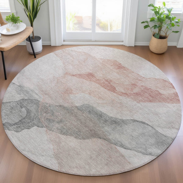 HomeRoots 5' Contemporary Salmon and Gray Abstract Washable Area Rug for Indoor and Outdoor Spaces Upgrade 8' Round 631853