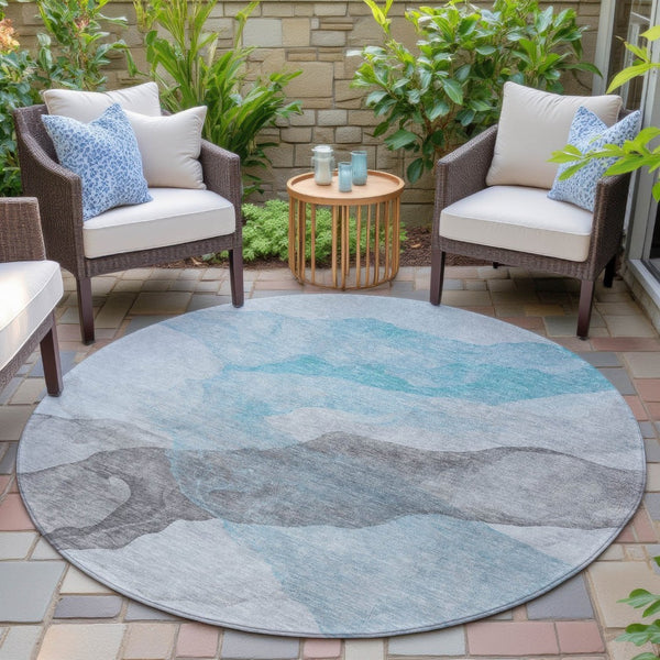 HomeRoots 5' Teal Blue and Gray Abstract Indoor Outdoor Area Rug - Stylish, Durable, and Washable Design 8' Round 631859