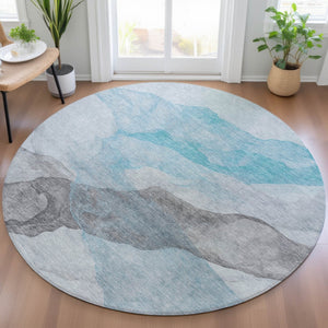 HomeRoots 5' Teal Blue and Gray Abstract Indoor Outdoor Area Rug - Stylish, Durable, and Washable Design 8' Round 631859