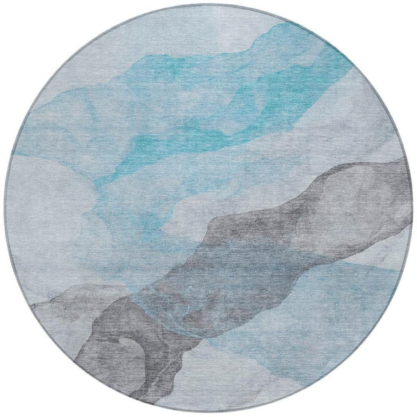 HomeRoots 5' Teal Blue and Gray Abstract Indoor Outdoor Area Rug - Stylish, Durable, and Washable Design 8' Round 631859