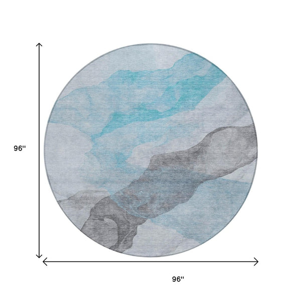 HomeRoots 5' Teal Blue and Gray Abstract Indoor Outdoor Area Rug - Stylish, Durable, and Washable Design 8' Round 631859