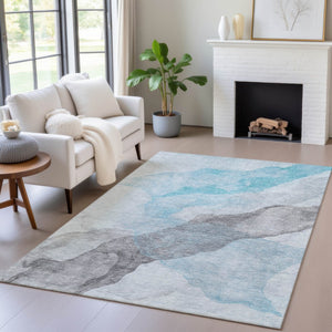 HomeRoots 5' Teal Blue and Gray Abstract Indoor Outdoor Area Rug - Stylish, Durable, and Washable Design 8' X 10' 631860