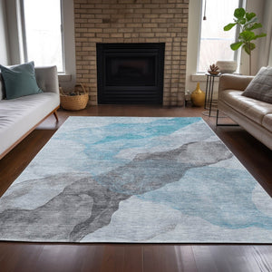 HomeRoots 5' Teal Blue and Gray Abstract Indoor Outdoor Area Rug - Stylish, Durable, and Washable Design 8' X 10' 631860