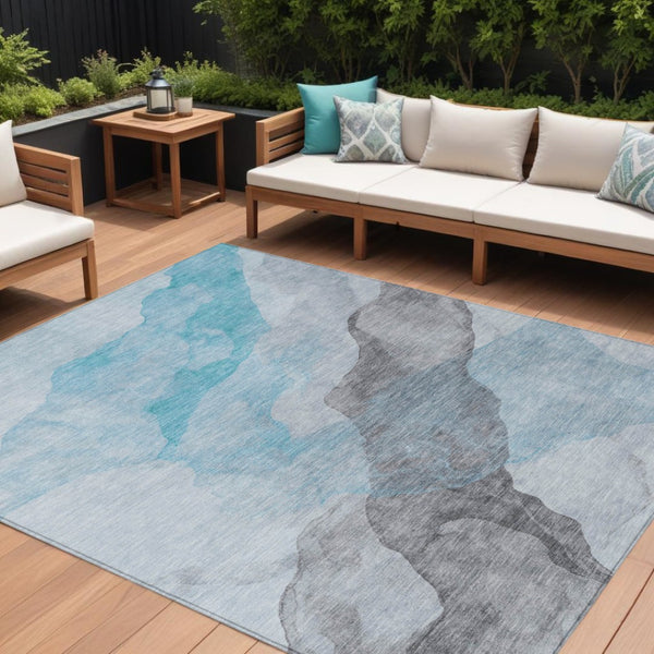 HomeRoots 5' Teal Blue and Gray Abstract Indoor Outdoor Area Rug - Stylish, Durable, and Washable Design 10' X 14' 631862