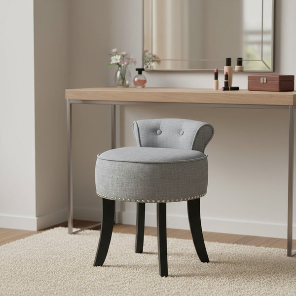 HomeRoots 18" Gray Linen Tufted Round Footstool - Stylish & Versatile Ottoman for Living Rooms & Bedrooms 631867