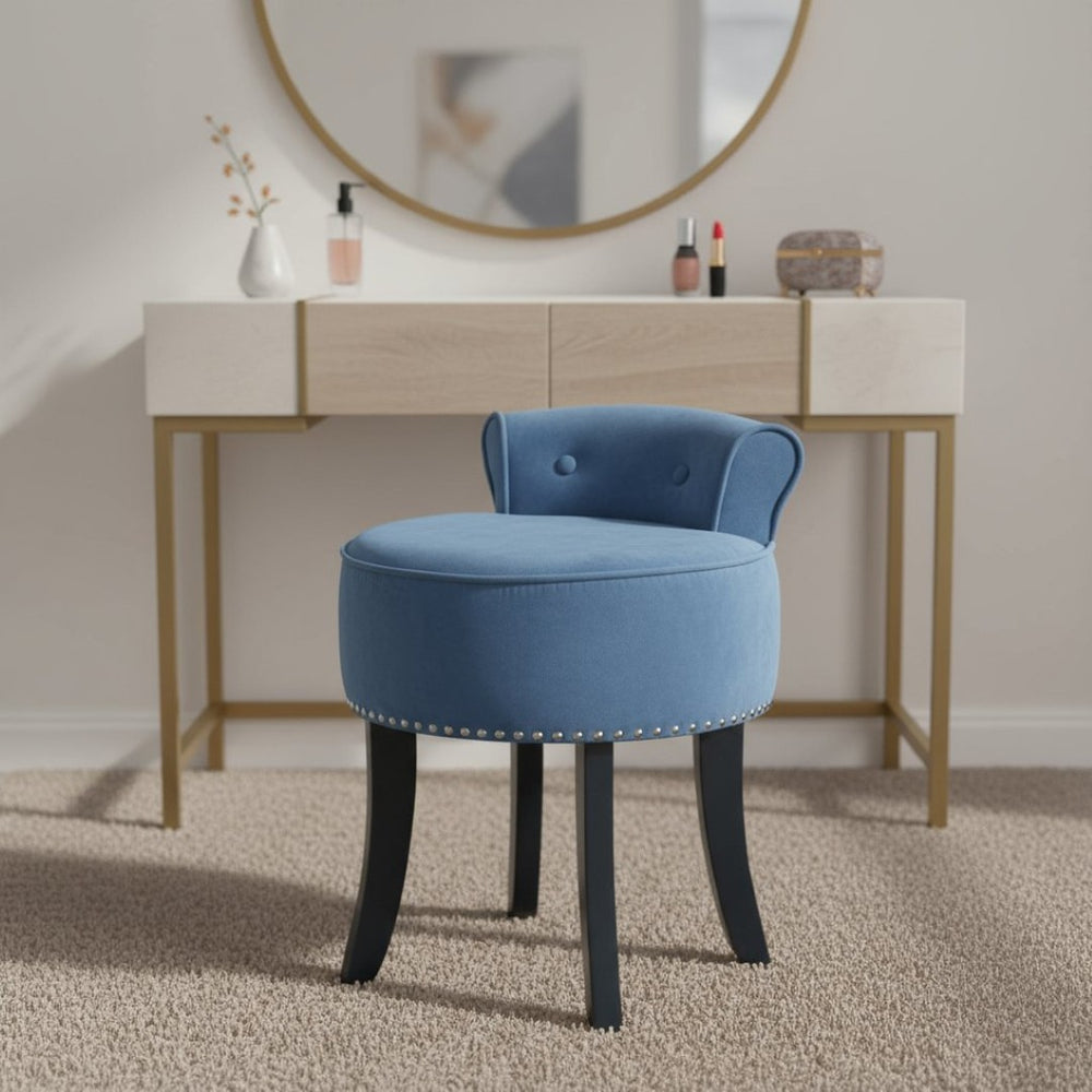 HomeRoots 18" Slate Blue Velvet Tufted Round Footstool - Elegant Accent Piece for Living Room & Bedroom Comfort 631870