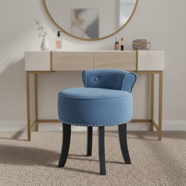 HomeRoots 18" Slate Blue Velvet Tufted Round Footstool - Elegant Accent Piece for Living Room & Bedroom Comfort 631870