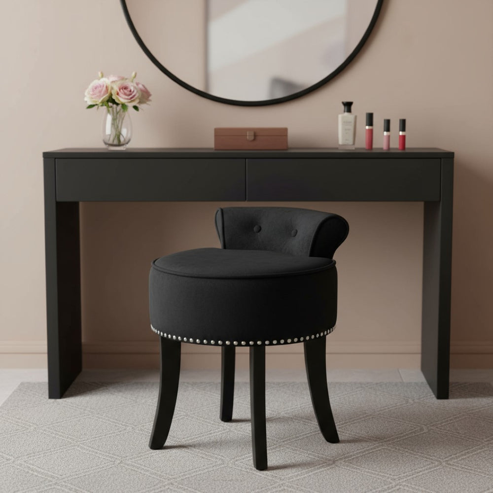 HomeRoots 18" Black Velvet Tufted Round Footstool - Modern Accent for Comfort, Versatility & Stylish Living Spaces 631871
