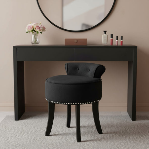 HomeRoots 18" Black Velvet Tufted Round Footstool - Modern Accent for Comfort, Versatility & Stylish Living Spaces 631871