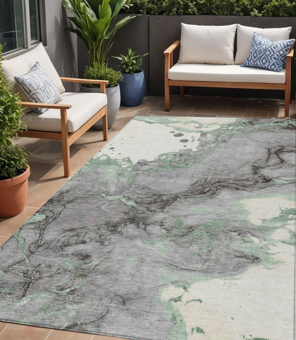 HomeRoots 5' Modern Green and Gray Abstract Washable Area Rug for Indoor and Outdoor Spaces - Easy Care Design 5' X 8' 631880
