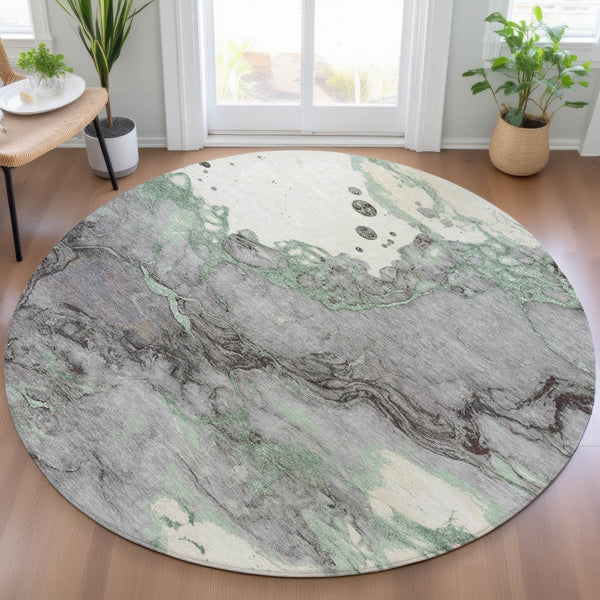 HomeRoots 5' Modern Green and Gray Abstract Washable Area Rug for Indoor and Outdoor Spaces - Easy Care Design 8' Round 631881