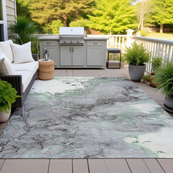 HomeRoots 5' Modern Green and Gray Abstract Washable Area Rug for Indoor and Outdoor Spaces - Easy Care Design 10' X 14' 631884