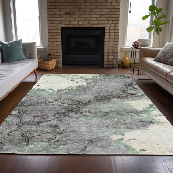 HomeRoots 5' Modern Green and Gray Abstract Washable Area Rug for Indoor and Outdoor Spaces - Easy Care Design 10' X 14' 631884