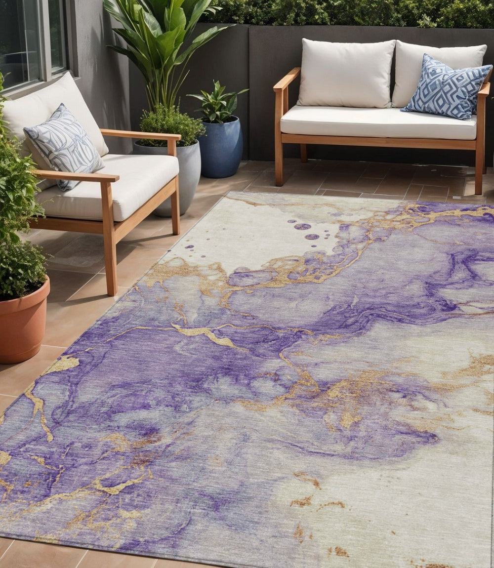 HomeRoots 5' Vibrant Purple and Gold Abstract Indoor Outdoor Area Rug - Stylish, Durable, and Washable Design 5' X 8' 631886