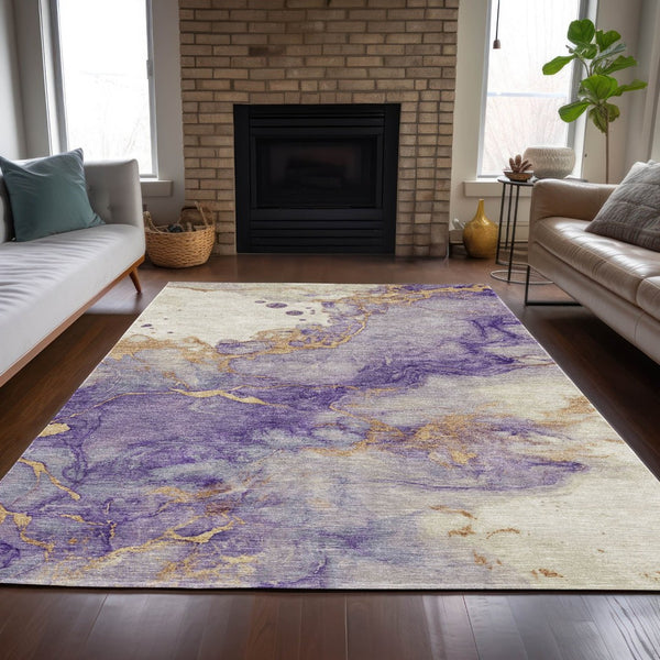 HomeRoots 5' Vibrant Purple and Gold Abstract Indoor Outdoor Area Rug - Stylish, Durable, and Washable Design 5' X 8' 631886