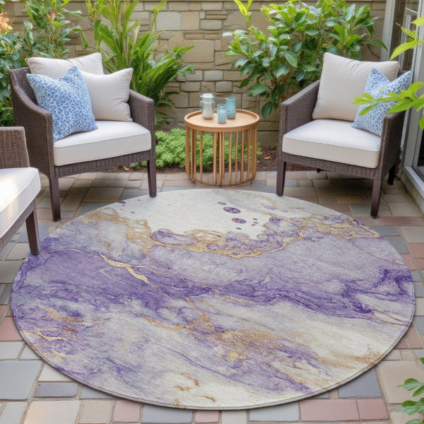 HomeRoots 5' Vibrant Purple and Gold Abstract Indoor Outdoor Area Rug - Stylish, Durable, and Washable Design 8' Round 631887