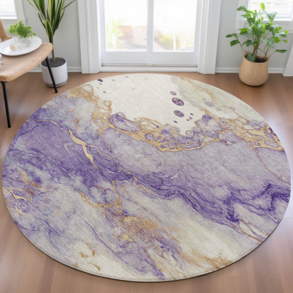 HomeRoots 5' Vibrant Purple and Gold Abstract Indoor Outdoor Area Rug - Stylish, Durable, and Washable Design 8' Round 631887