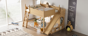 English Elm Queen Solid Pine Loft Bed with Wardrobe Shelves Detachable Slide and Dual Sleeping Zones Natural W5305S00027
