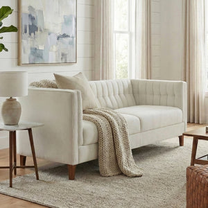 English Elm Modern Chenille Three Seater Sofa with Channel Tufted Back and Birch Wood Legs Beige N763S000100A