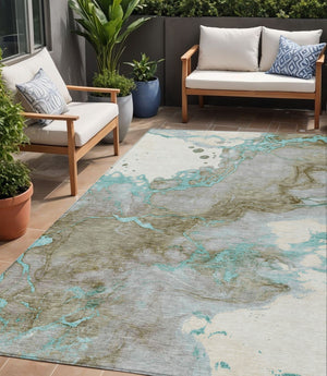 HomeRoots 5' Teal Blue and Brown Abstract Area Rug - Stylish, Washable, Durable for Indoor and Outdoor Spaces 5' X 8' 631892