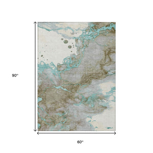 HomeRoots 5' Teal Blue and Brown Abstract Area Rug - Stylish, Washable, Durable for Indoor and Outdoor Spaces 5' X 8' 631892