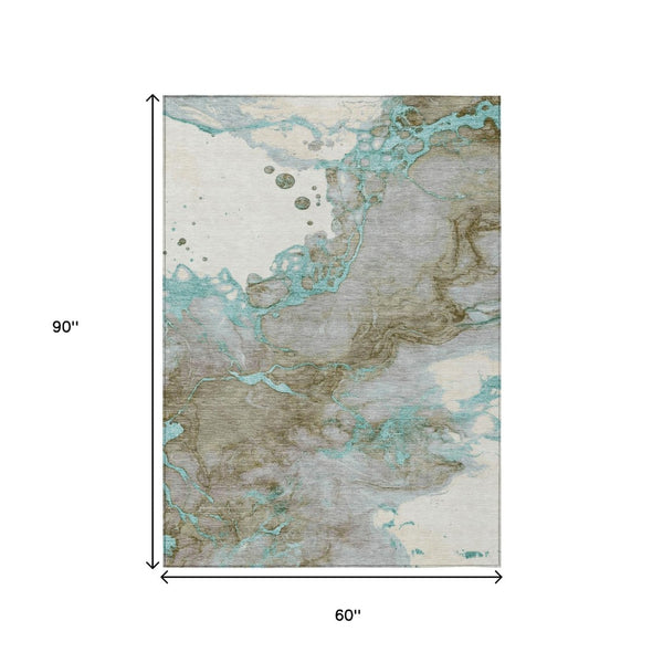 HomeRoots 5' Teal Blue and Brown Abstract Area Rug - Stylish, Washable, Durable for Indoor and Outdoor Spaces 5' X 8' 631892