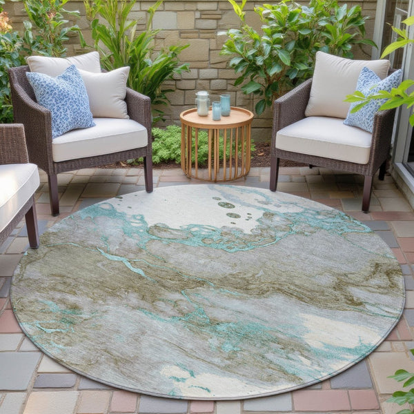 HomeRoots 5' Teal Blue and Brown Abstract Area Rug - Stylish, Washable, Durable for Indoor and Outdoor Spaces 8' Round 631893