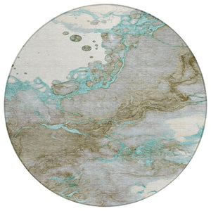 HomeRoots 5' Teal Blue and Brown Abstract Area Rug - Stylish, Washable, Durable for Indoor and Outdoor Spaces 8' Round 631893
