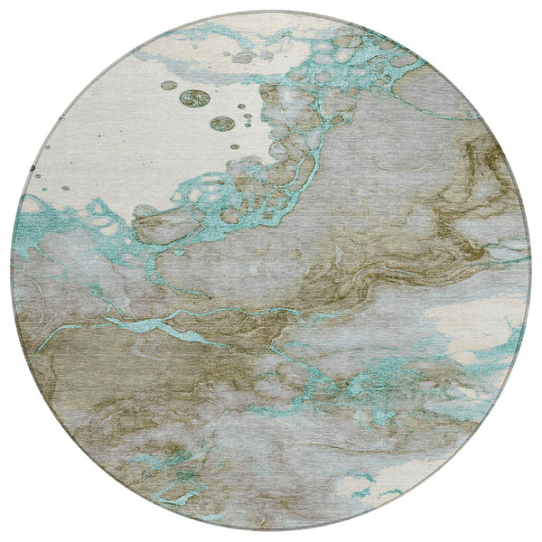 HomeRoots 5' Teal Blue and Brown Abstract Area Rug - Stylish, Washable, Durable for Indoor and Outdoor Spaces 8' Round 631893