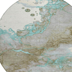 HomeRoots 5' Teal Blue and Brown Abstract Area Rug - Stylish, Washable, Durable for Indoor and Outdoor Spaces 8' Round 631893