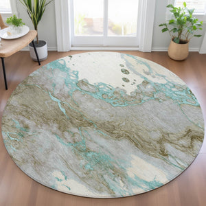 HomeRoots 5' Teal Blue and Brown Abstract Area Rug - Stylish, Washable, Durable for Indoor and Outdoor Spaces 8' Round 631893