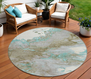 HomeRoots 5' Teal Blue and Brown Abstract Area Rug - Stylish, Washable, Durable for Indoor and Outdoor Spaces 8' Round 631893