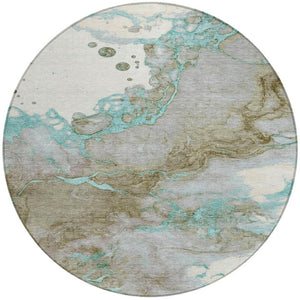 HomeRoots 5' Teal Blue and Brown Abstract Area Rug - Stylish, Washable, Durable for Indoor and Outdoor Spaces 8' Round 631893
