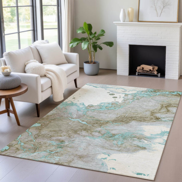 HomeRoots 5' Teal Blue and Brown Abstract Area Rug - Stylish, Washable, Durable for Indoor and Outdoor Spaces 8' X 10' 631894