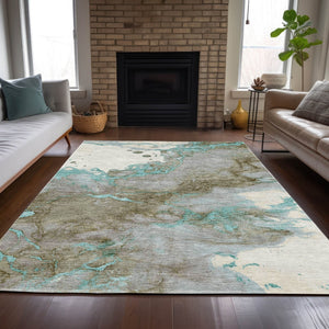 HomeRoots 5' Teal Blue and Brown Abstract Area Rug - Stylish, Washable, Durable for Indoor and Outdoor Spaces 8' X 10' 631894