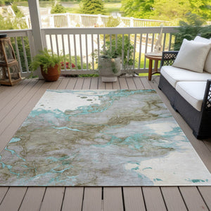 HomeRoots 5' Teal Blue and Brown Abstract Area Rug - Stylish, Washable, Durable for Indoor and Outdoor Spaces 8' X 10' 631894