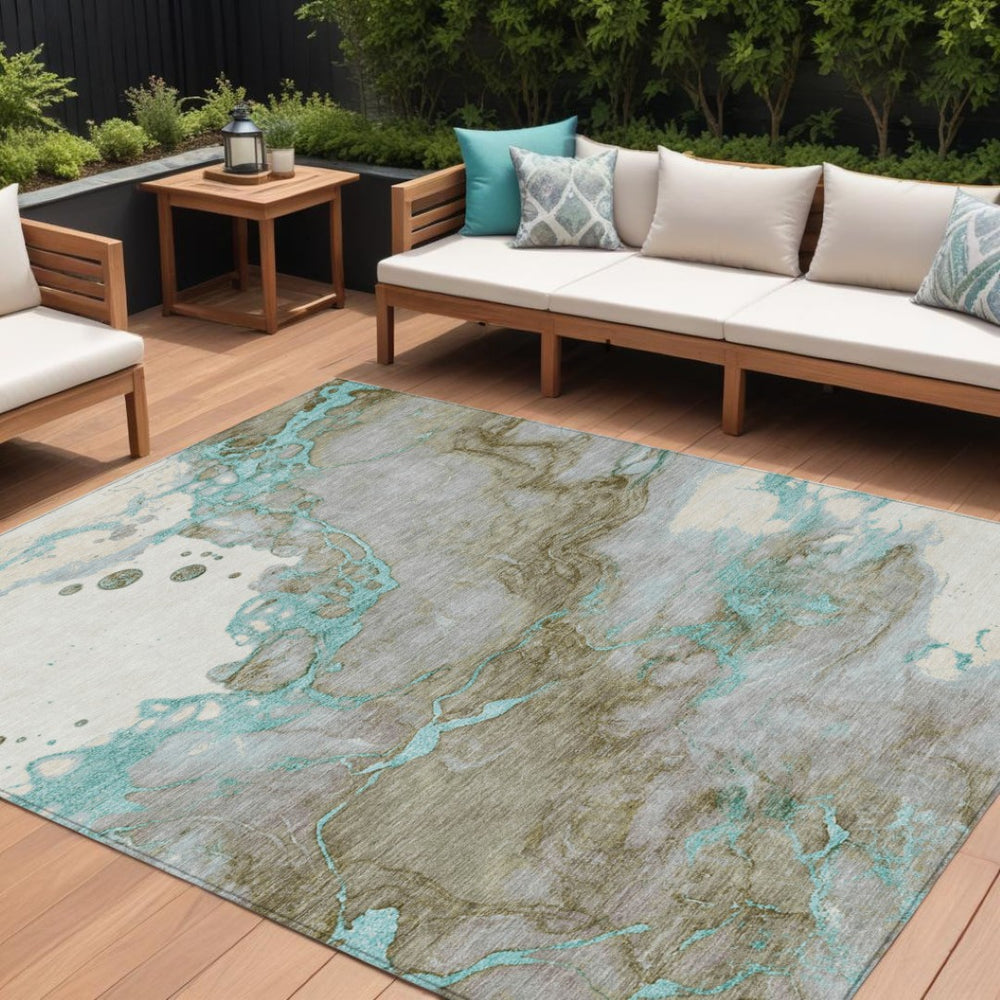 HomeRoots 5' Teal Blue and Brown Abstract Area Rug - Stylish, Washable, Durable for Indoor and Outdoor Spaces 10' X 14' 631896