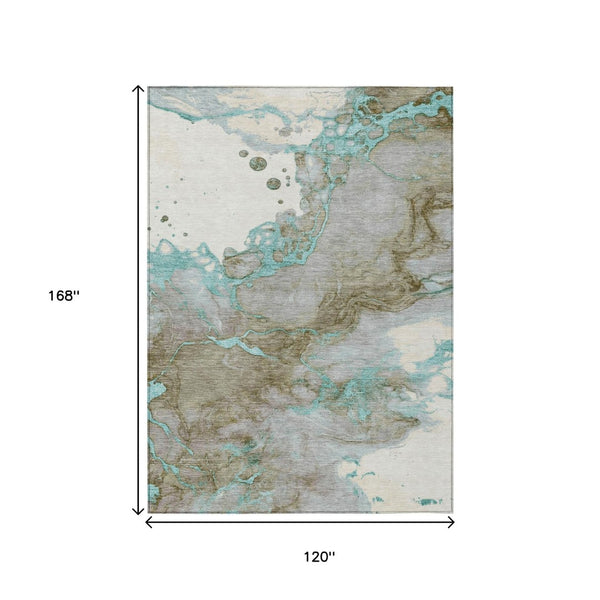 HomeRoots 5' Teal Blue and Brown Abstract Area Rug - Stylish, Washable, Durable for Indoor and Outdoor Spaces 10' X 14' 631896