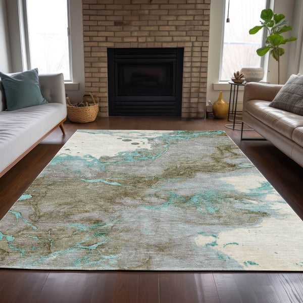 HomeRoots 5' Teal Blue and Brown Abstract Area Rug - Stylish, Washable, Durable for Indoor and Outdoor Spaces 10' X 14' 631896
